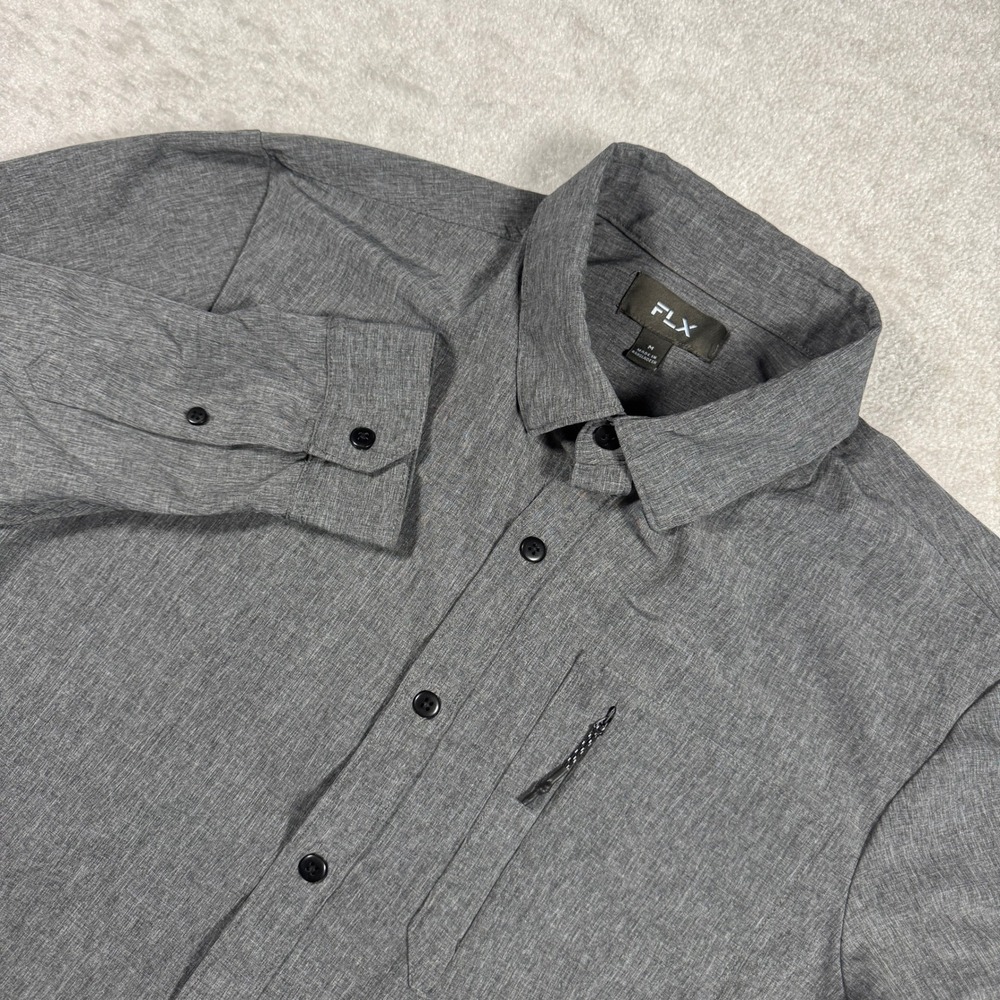 FLX Button Up Mens M Gray Long Sleeve Zipper Pocket Stretch Heathered Tech Shirt